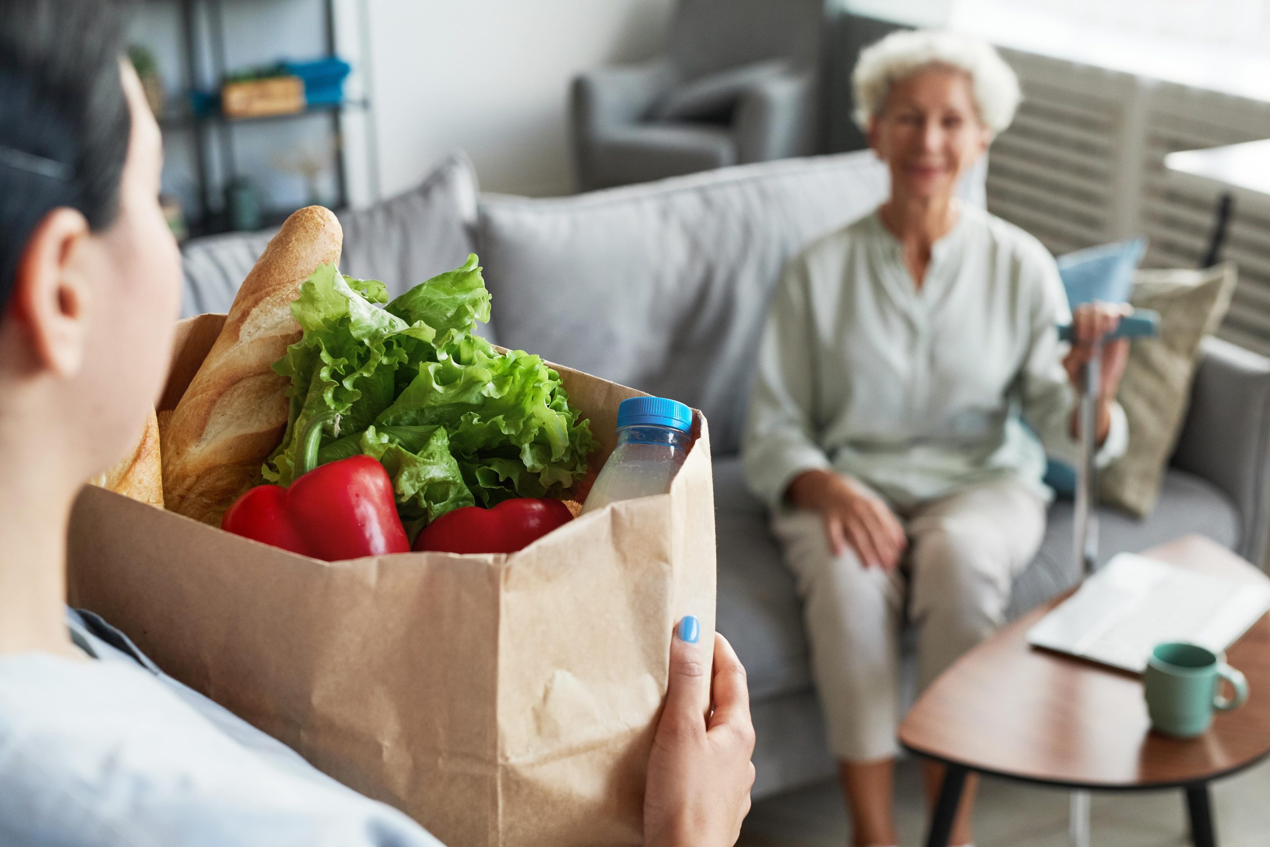 Female senior getting groceries delivered to her at home.