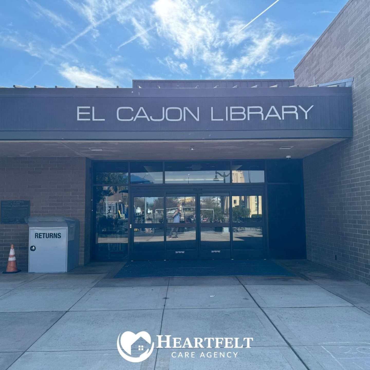 A view of the entrance to the El Cajon Branch Library located at 201 E Douglas Ave, El Cajon, CA 92020.